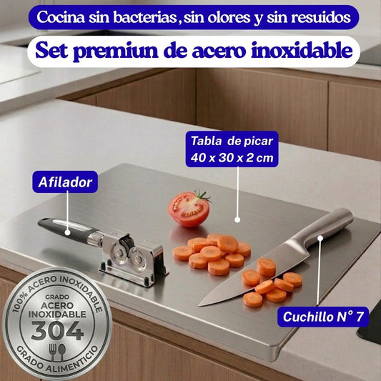 Tabla de acero inoxidable + Afilador + Cuchillo 👨‍🍳