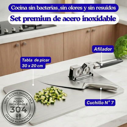 Tabla de acero inoxidable + Afilador + Cuchillo 👨‍🍳