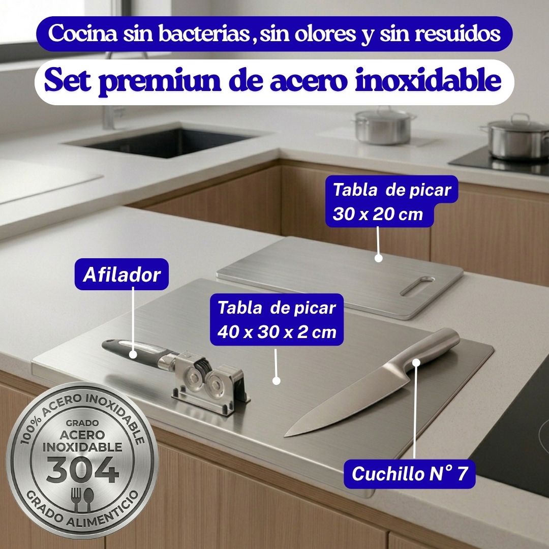 Tabla de acero inoxidable + Afilador + Cuchillo 👨‍🍳